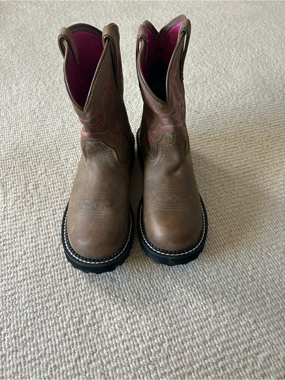 Ariat Brown Leather Western Work Boots with Pink Accents